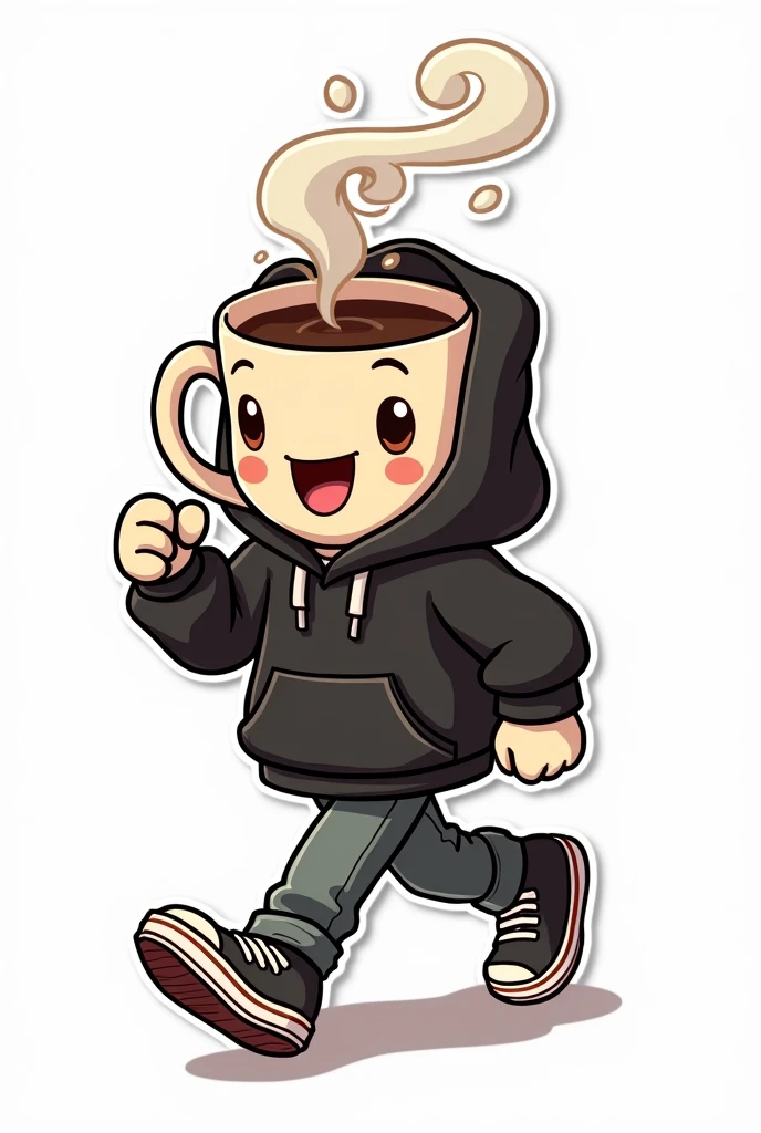 (masterpiece:1.4), (Best Quality:1.4), (High resolution:1.4), "Crea una masterpiece, sticker, adhesive, sticker, impression, illustration of a cup, based on a cartoon from the 30's, the mug is wearing streetwear clothes, a black hoodie and vans style sneakers, His expression is happiness, His attitude is security and confidence, action: He is walking happily, steam comes out of his head" the background is solid white