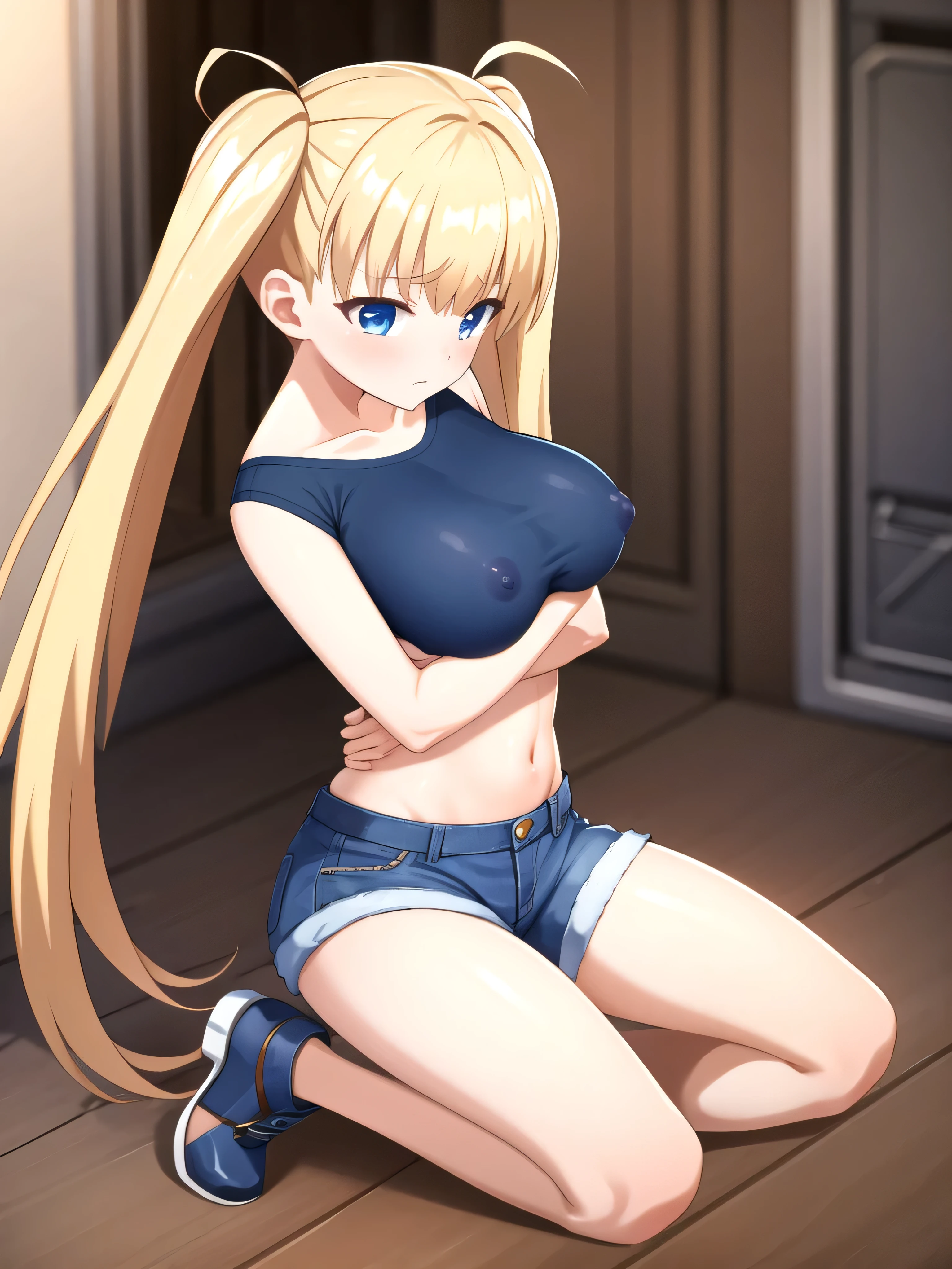 (masterpiece, Best Quality:1.2), absurdities, perfect anatomy, owtech, stylized, 1 girl, full body, looking at the viewer, blunt bangs, ( Denim shorts:1.1), Focus only, Soft lighting, (blue eyes), blonde hair, very long hair, twintails, Airi Akizuki, medium breast, she is kneeling, no bra, nipples, His arms are over his head, his hands are tied, bdsm,