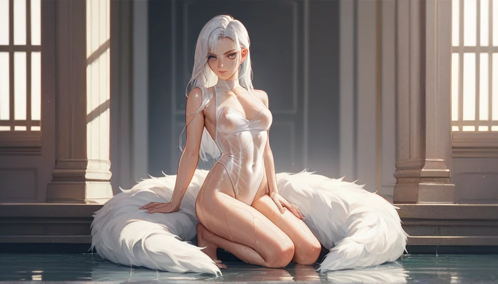 Wet Full body clear transparent leotard, middle chest,long white hair