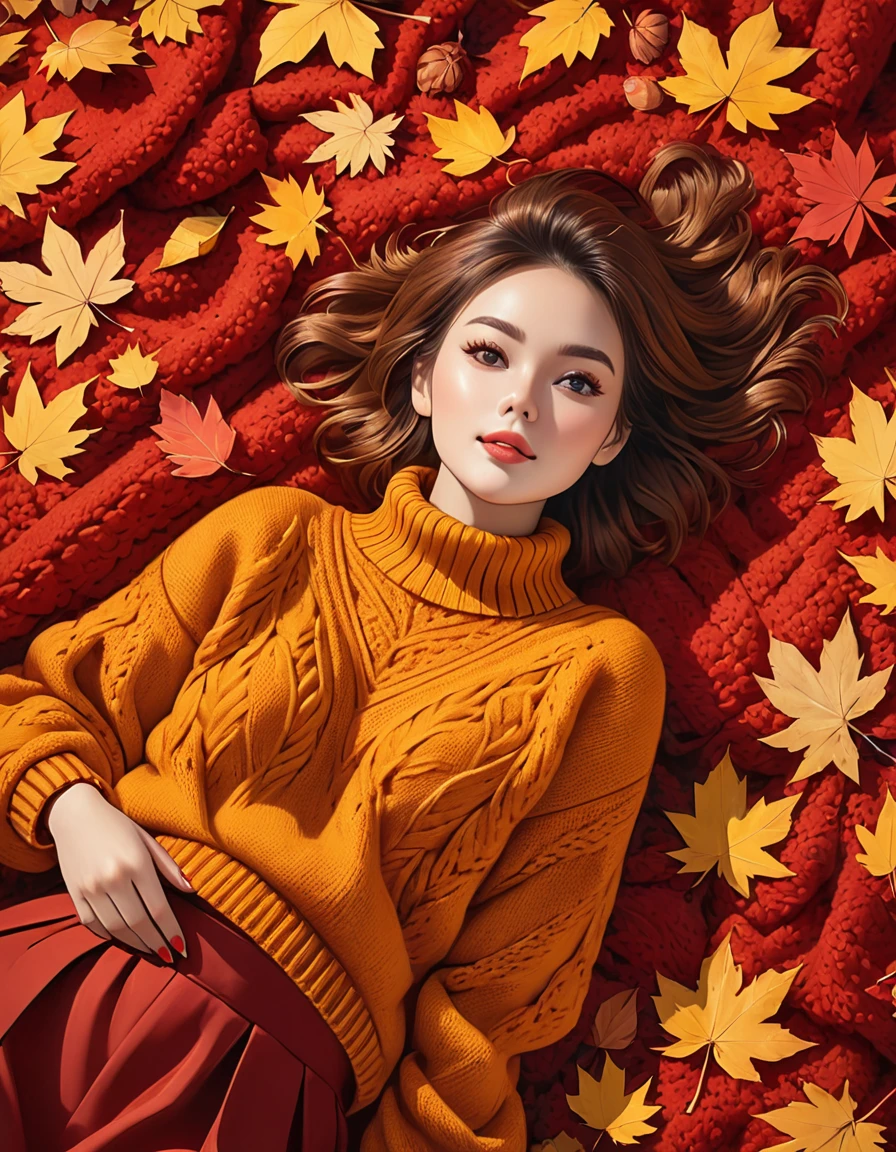 The image shows a person wearing a mustard red knitted sweater lying on a bed of autumn leaves. The leaves in the background are a mix of red , red and red tones, suggesting the fall season.