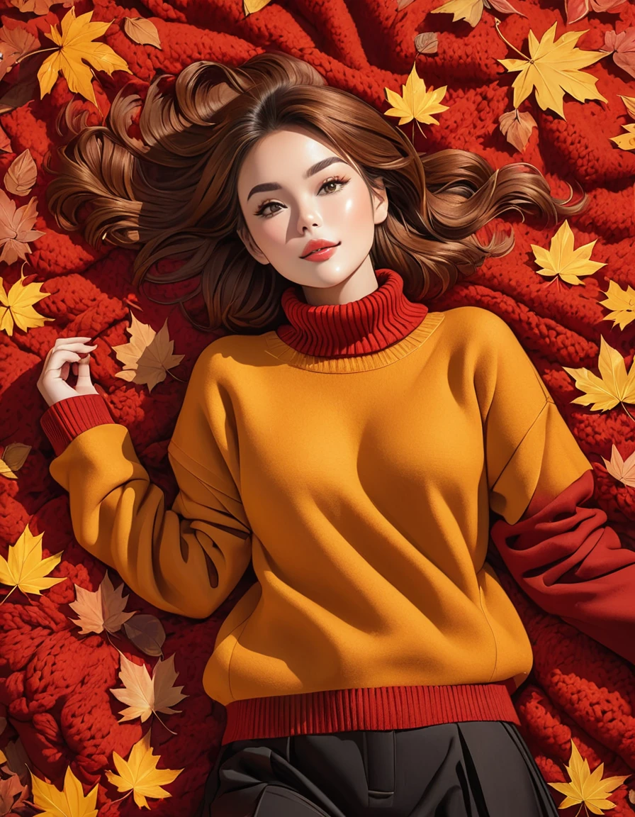 The image shows a person wearing a mustard red knitted sweater lying on a bed of autumn leaves. The leaves in the background are a mix of red , red and red tones, suggesting the fall season.