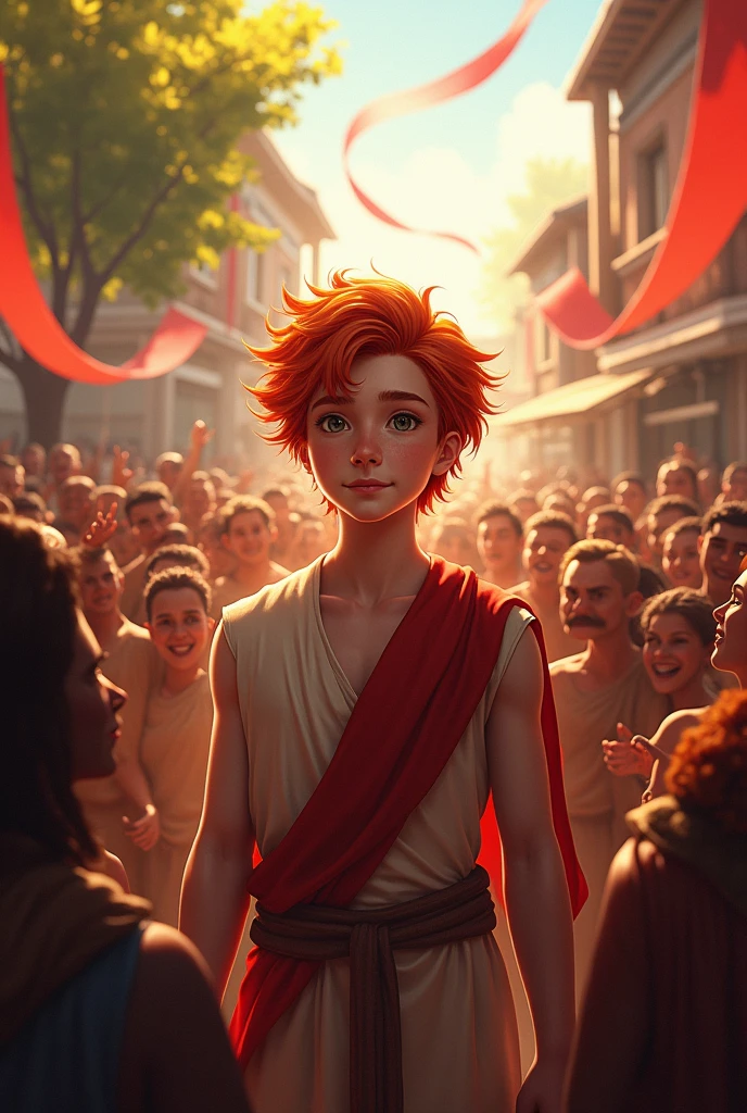 Young David, redhead and beautiful, being celebrated by the people, with lots of partying.