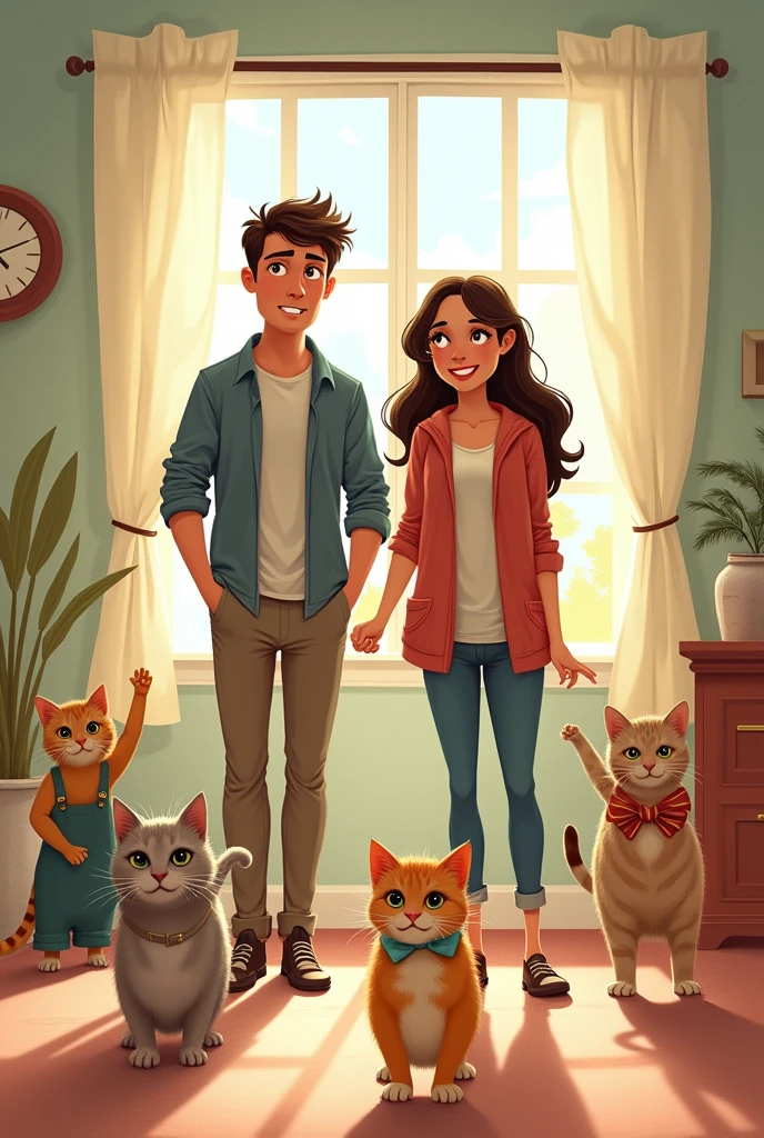 A playful image of Jennifer and Ben trying to blend their families, depicted as herding a bunch of wild cats. Make them look slightly frazzled but determined, with their kids represented as mischievous cats wearing tiny outfits.