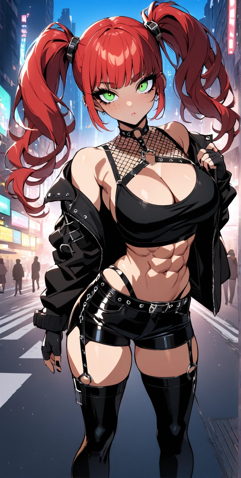 woman, curly red hair in pig tails, green eyes, black eyeshadow, wearing crop top black shirt, long black jacket, black hot pants, black knee high boots, black fingerless gloves, exposed shoulders, large breasts, freckles, abs, cleavage, looking at viewer, masterpiece, best quality, Holo-Punk Style, in the city, make up, eyelashes, fish net undershirt, fish net stockings