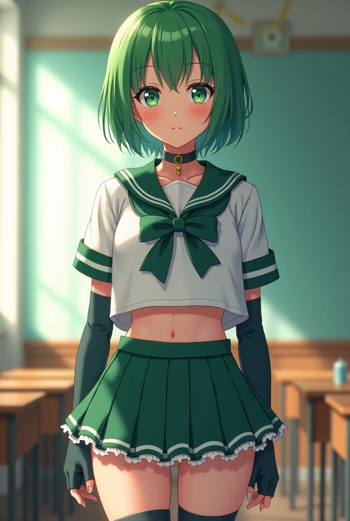 Mel 1,Sailor suit,Anime stuff,Official Art,(Cowboy Shot:1.3),Center Framing,Center in frame,(Day), classroom,(From the bottom,Sealing:1.3), (Cute Sailor Warrior Uniform Costume, cute super short box_Pleats_mini skirt ,sexy_white_frills_panties,sexy bare thigh:1.3),(Standing on one leg, Leg lift, standing split to show panties,:1.6), (Under the skirt:1.2),Slender body,Slim body,green_hair,green eyes,short_hair, (Tie a rope over your clothes,Put your arms behind your head:1.4),green sailor collar, bow, Knee Boots, choker, white gloves, green choker, elbow gloves, jewelry, Earrings, green skirt,
1 person, 18-year-old,young woman,beautiful Finger,beautiful long legs,beautiful body,beautiful Nose,beautiful character design, Perfect Eyes, perfect face,
(Frowning,shame,shameずかしい,anger,Troubled eyebrows,Are crying,Eyes wide open, Mouth closed,Grit your teeth,full face blushing,:1.3),(beautiful,Moderate_chest,Natural pointy boobs:1.2), (beautiful_face:1.5),(narrow_Waist),panties,Camel Toe, erotic,
Browsing Caution,Very detailed CG ユニティ 8k 壁紙, Perfect lighting,colorful, bright_front_face_Lighting,
(masterpiece:1.0),(Highest_quality:1.0), 超High resolution,4K,Very detailed,
photograph, 8k, High resolution, High resolution, Absurd:1.2, 400 for Kodak Port, Film Grain, Blurred Background, Bokeh:1.2, Lens flare, (Vibrant_color:1.2),