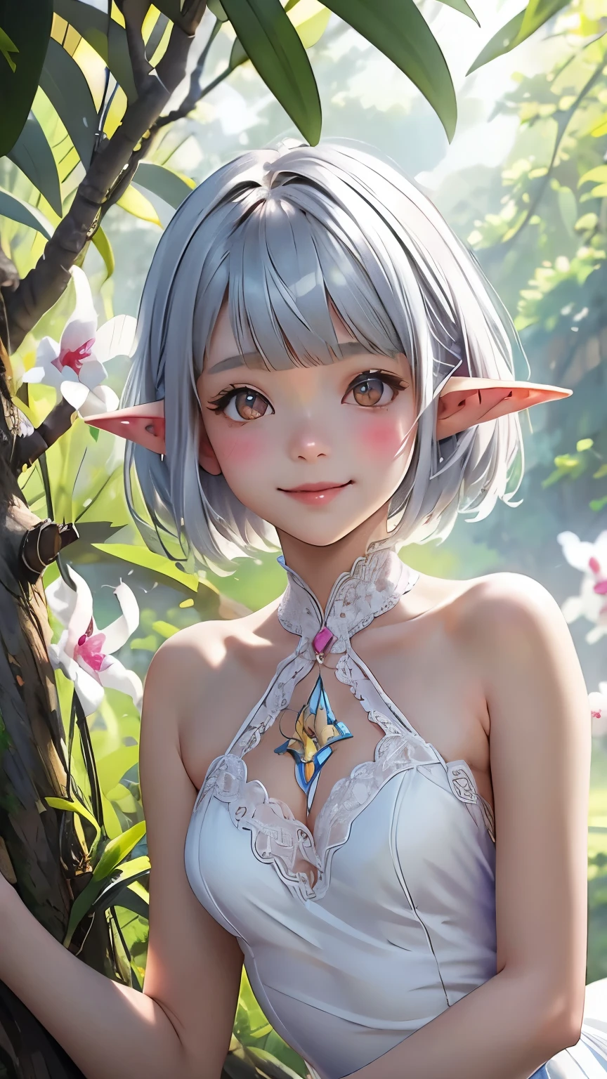 ((Cattleya、Three White Flowers、whole body、))、(Adult elf female sitting on a tree branch、Bobcut、Gray Hair、A kind smile、Blushing cheeks、Small breasts)、Lace dress、Soft Focus、Blur the background、(Highest quality、High resolution、masterpiece)、4K、Real、