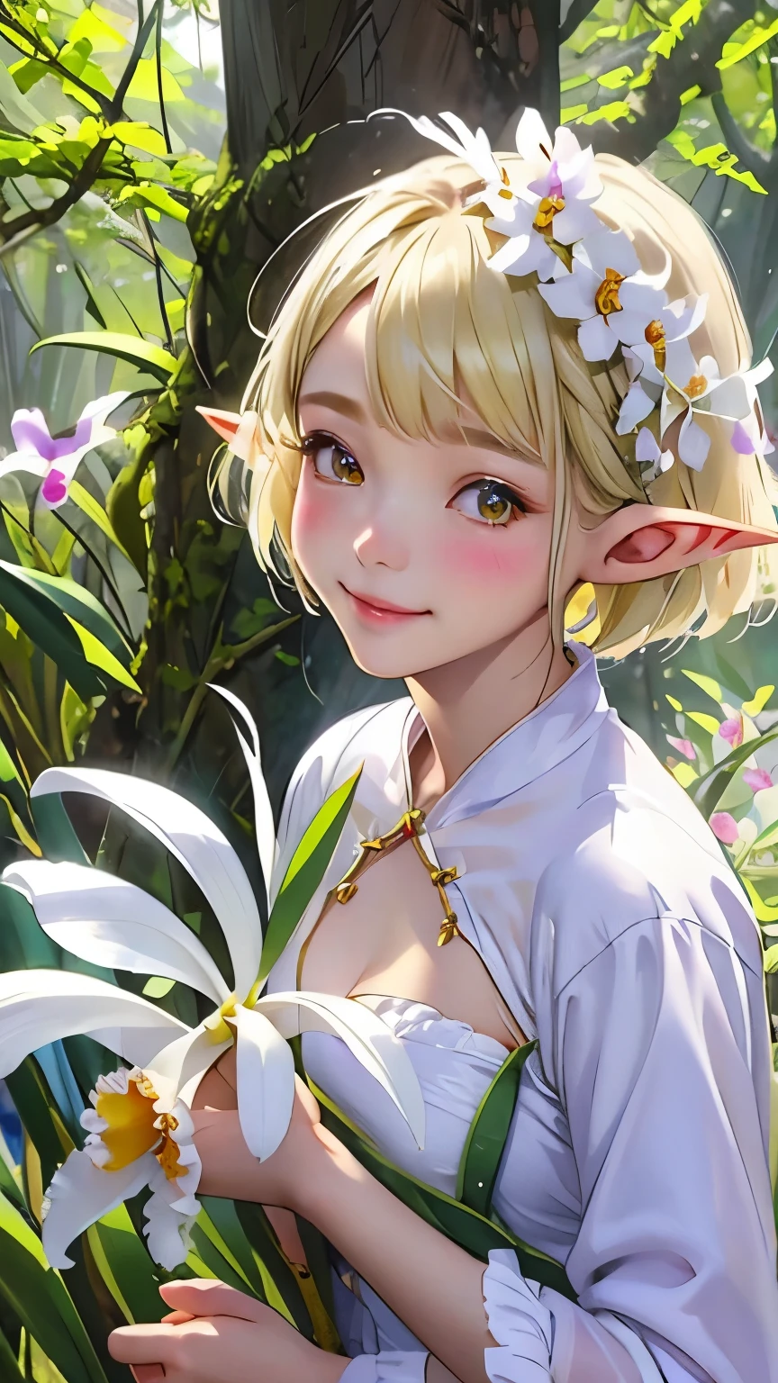 ((Cattleya、Three White Flowers、whole body、))、(Adult elf female sitting on a tree branch、Bobcut、Braiding、Blonde、A kind smile、Blushing cheeks、Small breasts)、Green Dress、Soft Focus、Blur the background、(Highest quality、High resolution、masterpiece)、4K、Real、