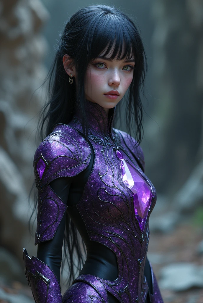 Masterpiece, 4k, photorealistic image of only 1 beautiful woman enchantress, in a magical forest fighting dark and evil forces, dark fantasy, wearing a detailed purple and black dress, intricate details, detailed background, black hair with color streaks, flowing hair, blue eyes (highly detailed skin:1.2), volumetric lighting, unreal engine, deviantart