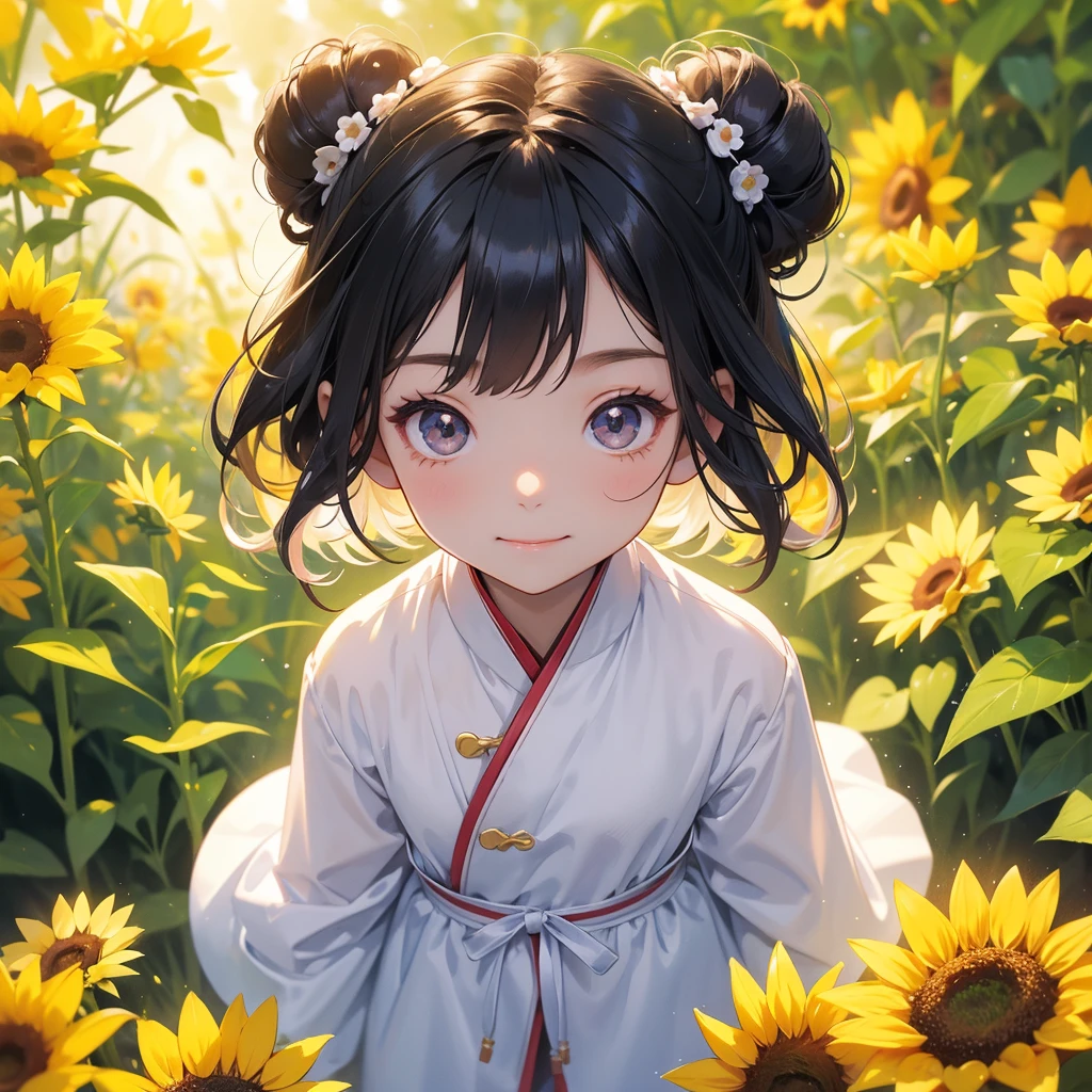 A chibi child girl had a small face and Wearing white little Taoist priest's outfit. A pair of big round eyes shone with curiosity about him. This child was so cute! ,her hair is black with two buns on her hair.small chibi, chibi baby, smiling,The little chibi baby looked up with his chest raised, and his face was old and proud.

Strolling among the sunflower fields Glowing yellow,


