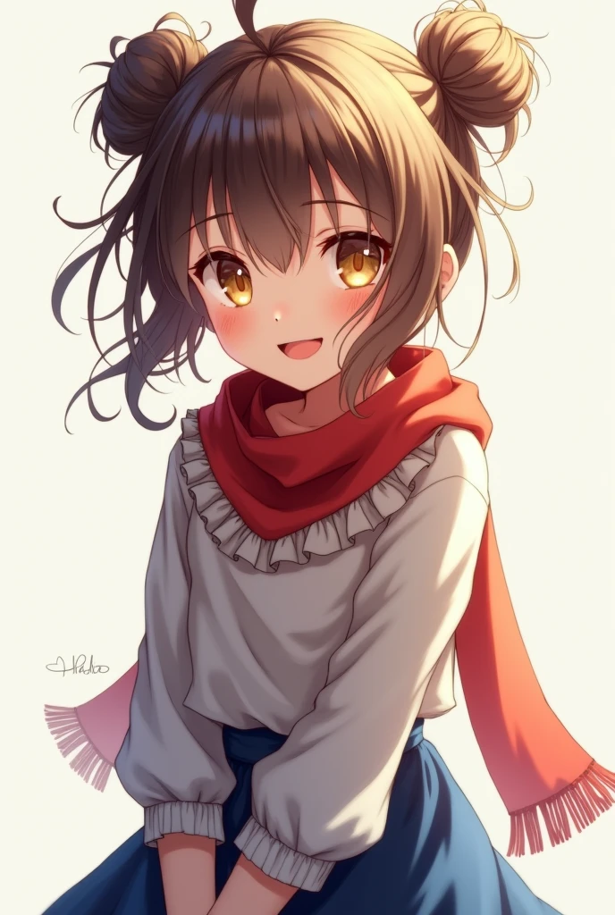 Himikotoganova, (1 girl, Alone), (Perfect eyes), by rubio, double bun, messy hair, hits, yellow eyes, serafín, bags under the eyes, smile, open mouth, blue skirt, long sleeves, red scarf, old,