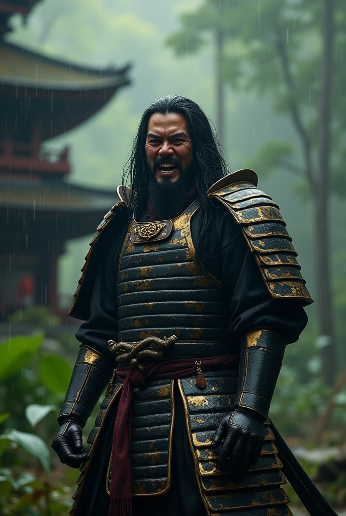 Realistic shot of an ancient samurai warrior, with dark iron armor and gold ornaments (on the breastplate helmet), in the middle of a humid and rainy forest, with an old pagoda behind. And UHD 8K, hyperrealistic cinematic lighting.Alone, Long hair, High resolution, open mouth, black hair, teeth, The best quality, necessary, High resolution, UHD, Very detailed, mask/sale/face mask, bokeh,