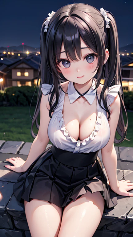 (masterpiece:1.3, Highest quality, Ultra-high resolution, Very detailed), (Realistic:1.1, photoRealistic:1.4), Beautiful illustrations, Perfect lighting,Written boundary depth, Beautiful detailsまでこだわった髪, Beautifully detailed face, Beautiful details, Beautiful clavicle, Beautiful body, Beautiful and juicy breasts, Beautiful thighs, Beautiful legs, View your audience, 1 person,Perfect Face, (Perfect Anatomy, Anatomically correct), Cute and symmetrical face、Baby Face、((Shiny Hair)),(Beautiful views),(Outdoor, Blurred night cityscape),(かわいいsmile, smile)、Sexy Body、(masterpiece),(Highest quality:1.3),8k,Very clear,(Ultra-realistic), One Girl,Wide Shot,((Large Breasts)),Wide Hips,Beautiful legs, Captivating woman、(masterpiece、Highest quality、Very detailedな)、((1 person))、((Black hair twin tails))、black eye、((とてもLarge Breasts))、Cleavage、((((White sleeveless frill shirt、Open collar))))、((Black ruffled pread your legs))、Cowboy Shot、Sit on a stone wall、Photographed from the front、