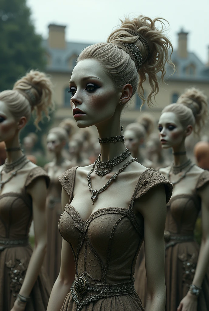 Best image quality, masterpiece, strange looking female creatures, very long necks, wearing fancy antique clothes, very heavy makeup, wearing fancy jewelry, having voluminous hair, holding fans, waving fans, rough skin, deep wrinkles, detailed skin texture, gray skin (palm-colored skin), tall and plump women, detailed image texture, grotesque, horror, eerie atmosphere (not AI image), cloudy weather, classic building outdoor garden party background