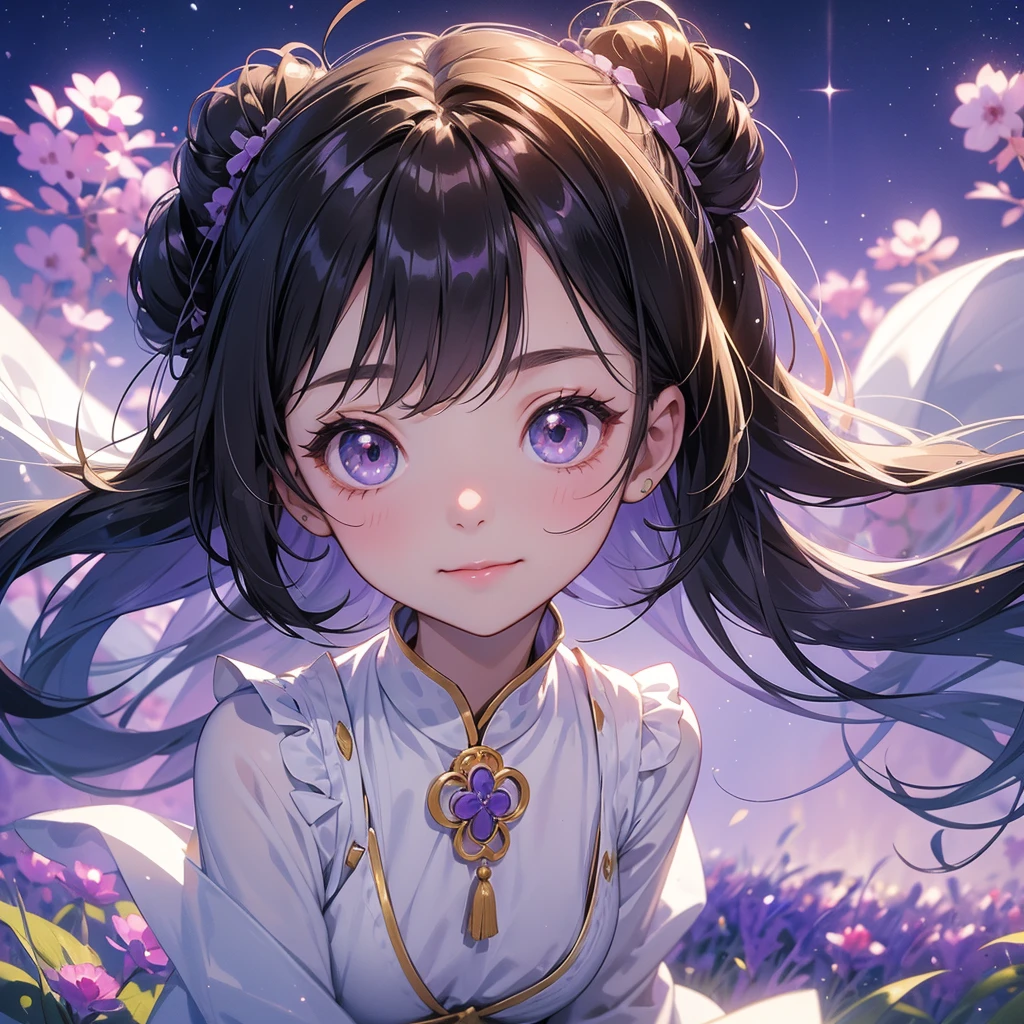 A chibi girl had a small face and Wearing white little Taoist priest's outfit. A pair of big round eyes shone with curiosity about him. This childso cute! ,her hair is black with two buns on her hair.small chibi, chibi baby, smilThe little chibi boked up with chest raised, and his face was old and proud.
Stroll among the purple lavender fields , There are some floating clouds.