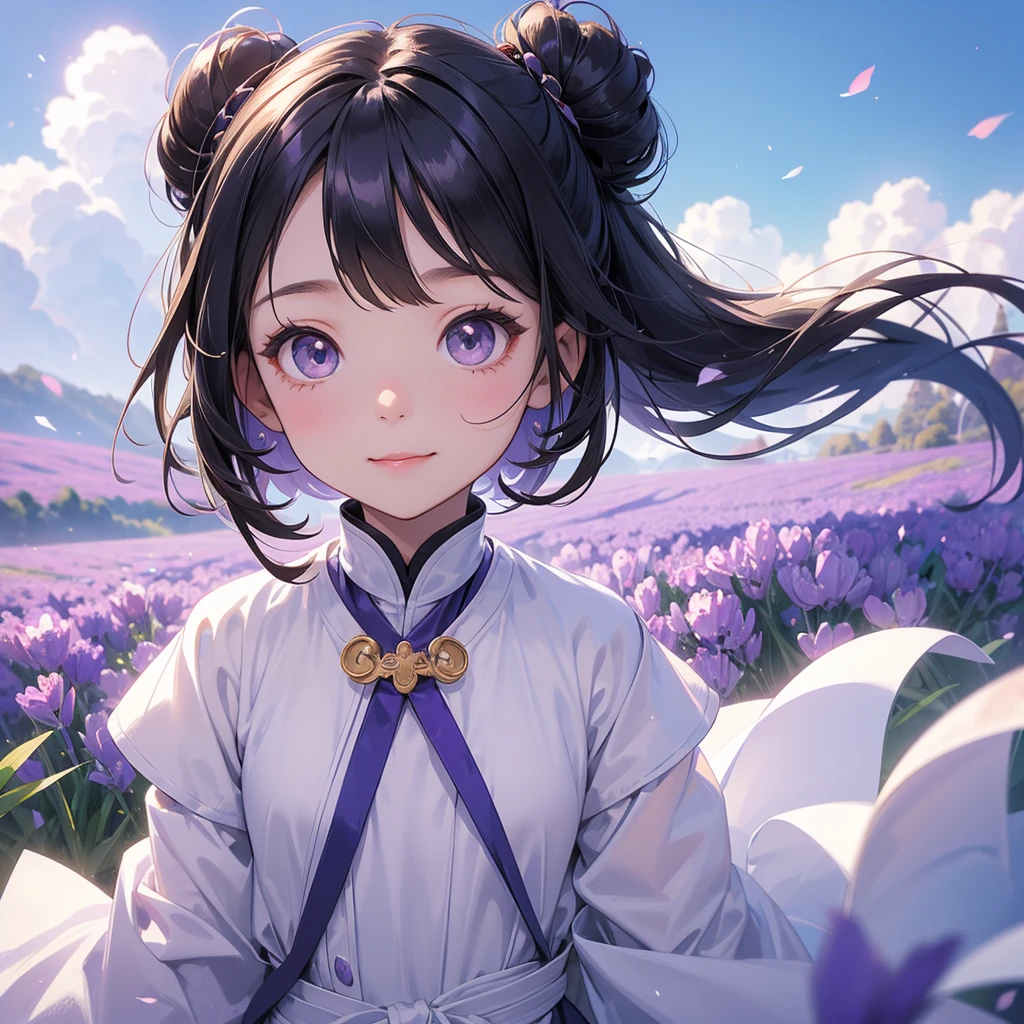 A chibi child girl had a small face and Wearing white little Taoist priest's outfit. A pair of big round eyes shone with curiosity about him. This child was so cute! ,her hair is black with two buns on her hair.small chibi, chibi baby, smiling,The little chibi baby looked up with his chest raised, and his face was old and proud.
Stroll among the purple lavender fields , There are some floating clouds.