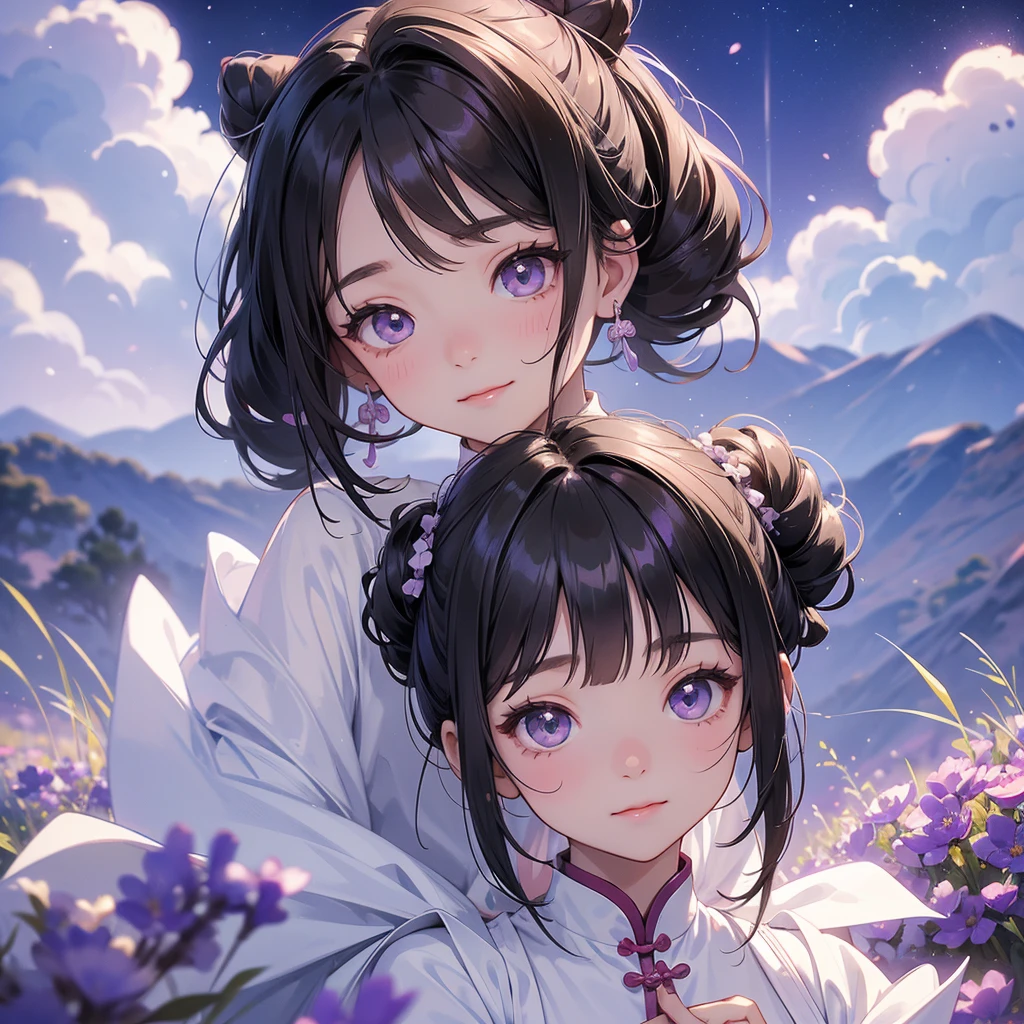 A chibi child girl had a small face and Wearing white little Taoist priest's outfit. A pair of big round eyes shone with curiosity about him. This child was so cute! ,her hair is black with two buns on her hair.small chibi, chibi baby, smiling,The little chibi baby looked up with his chest raised, and his face was old and proud.
Stroll among the purple lavender fields , There are some floating clouds.