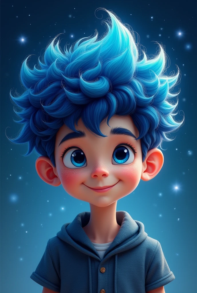 Mushroom hair in navy blue、Hair like a starry sky。The tips of the hair are a light blue color、It is a gradation。Smiling boy。