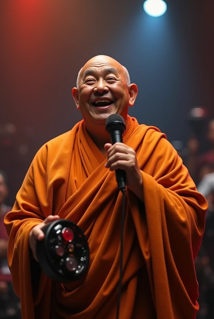 A monk resembling Buddha sings with a microphone at karaoke. he smiles and laughs. The monk laughs with a short nose and slitted eyes. His face conveys deep wisdom and empathy, radiating warmth and understanding. Tambourine. It's a fun depiction. Highly detailed, trending at the art station, sharp focus, studio shot, intricate detail, Greg Rutkowski,