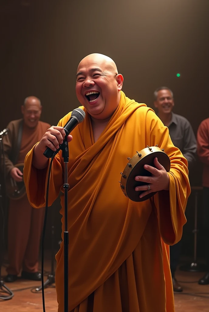 A monk resembling Buddha sings with a microphone at karaoke. he smiles and laughs. The monk laughs with a short nose and slitted eyes. His face conveys deep wisdom and empathy, radiating warmth and understanding. Tambourine. It's a fun depiction. Highly detailed, trending at the art station, sharp focus, studio shot, intricate detail, Greg Rutkowski,