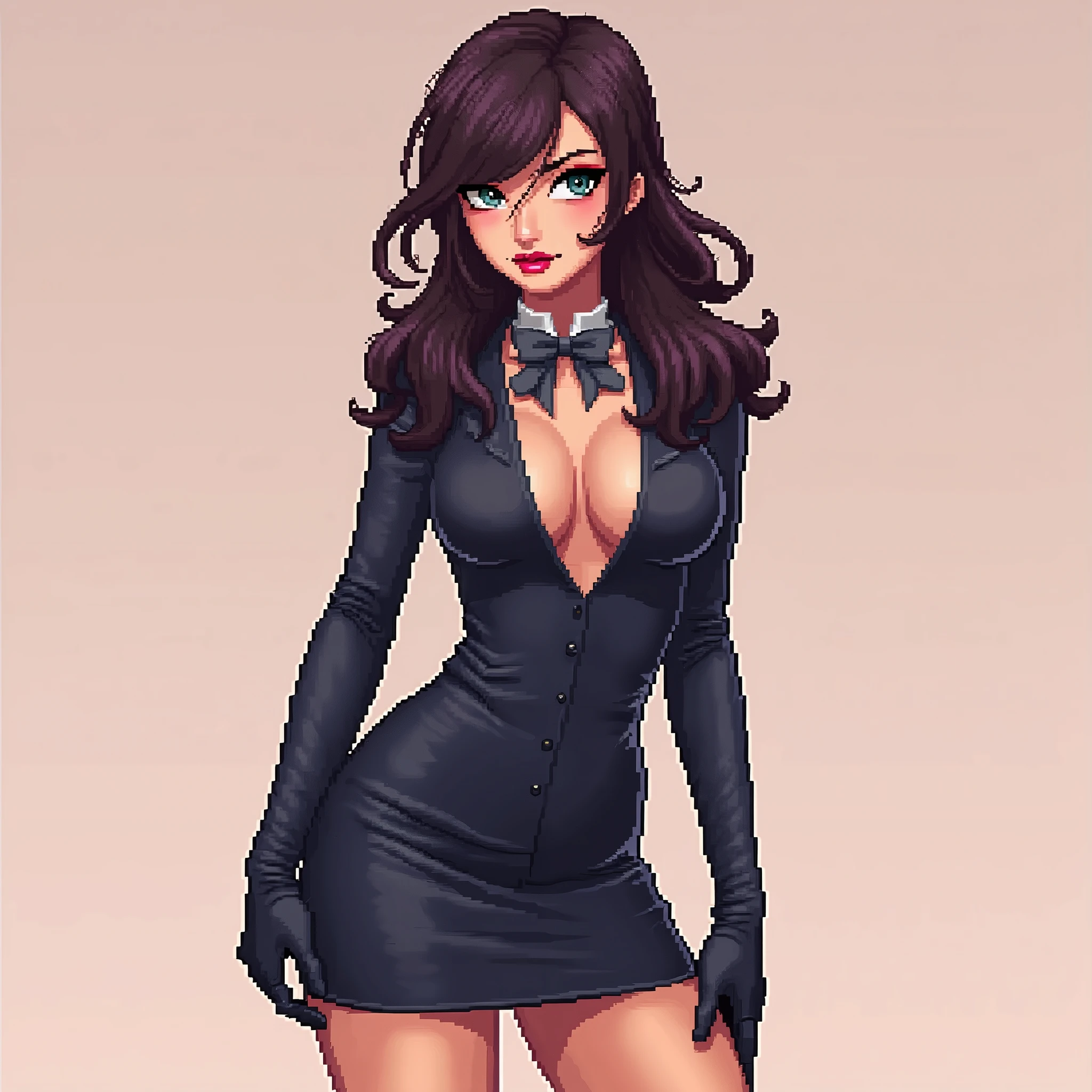 (masterpiece, top quality, best quality), pixel,pixel art,1woman,tight suit, wearing gloves, tight skirt, smirking, posing