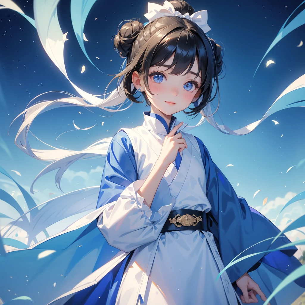 A chibi girl had a small face and Wearing white little Taoist priest's outfit. A pair of big round eyes shone with curiosity about him. This childso cute! ,her hair is black with two buns on her hair.small chibi, chibi baby, smilThe little chibi boked up with chest raised, and his face was old and proud.
Strolling among the nemophila fields Glowing blue.