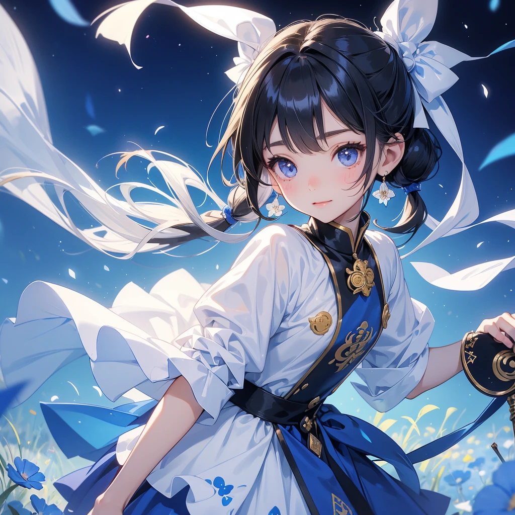 A chibi child girl had a small face and Wearing white little Taoist priest's outfit. A pair of big round eyes shone with curiosity about him. This child was so cute! ,her hair is black with two buns on her hair.small chibi, chibi baby, smiling,The little chibi baby looked up with his chest raised, and his face was old and proud.
Strolling among the nemophila fields Glowing blue.