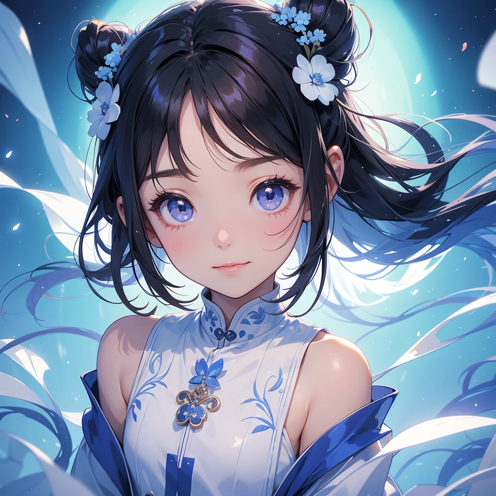 A chibi child girl had a small face and Wearing white little Taoist priest's outfit. A pair of big round eyes shone with curiosity about him. This child was so cute! ,her hair is black with two buns on her hair.small chibi, chibi baby, smiling,The little chibi baby looked up with his chest raised, and his face was old and proud.

Strolling among the nemophila fields Glowing blue.


