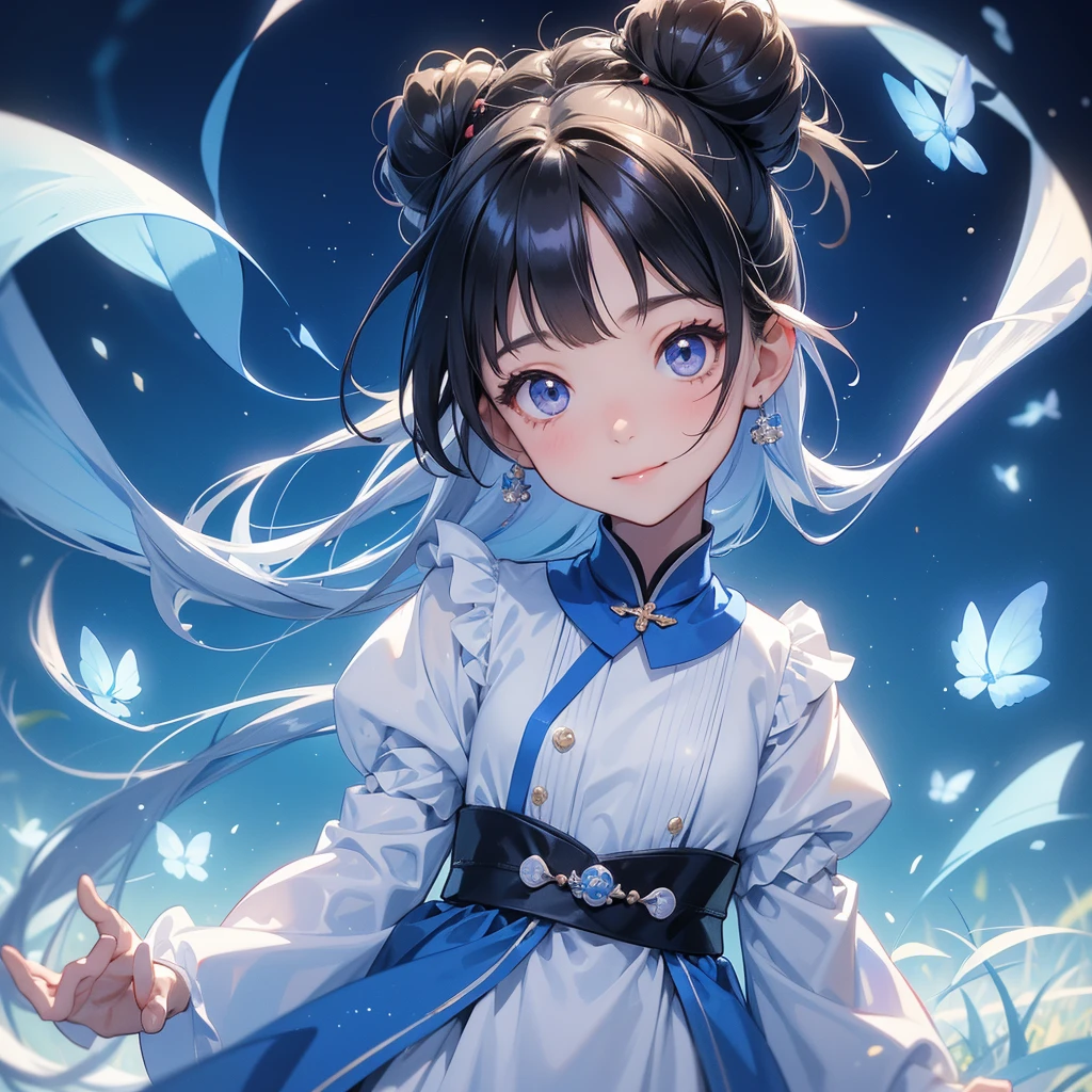 A chibi child girl had a small face and Wearing white little Taoist priest's outfit. A pair of big round eyes shone with curiosity about him. This child was so cute! ,her hair is black with two buns on her hair.small chibi, chibi baby, smiling,The little chibi baby looked up with his chest raised, and his face was old and proud.
Strolling among the nemophila fields Glowing blue.