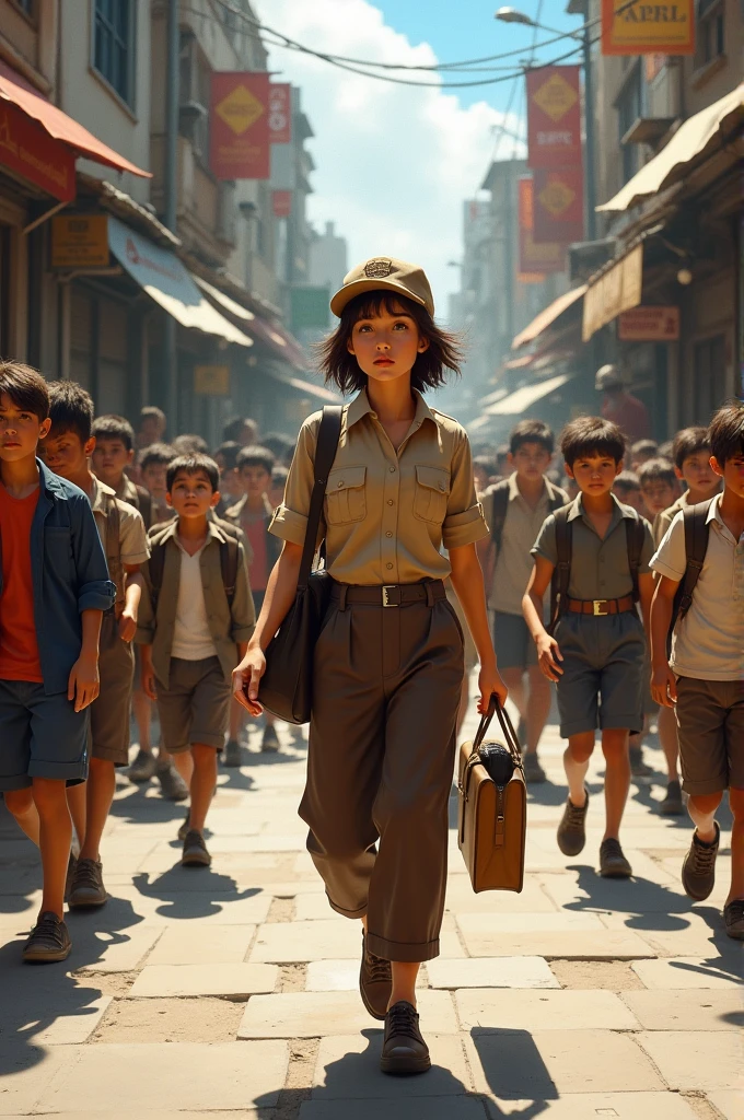 Post office working girl brown uniform in street with many boys