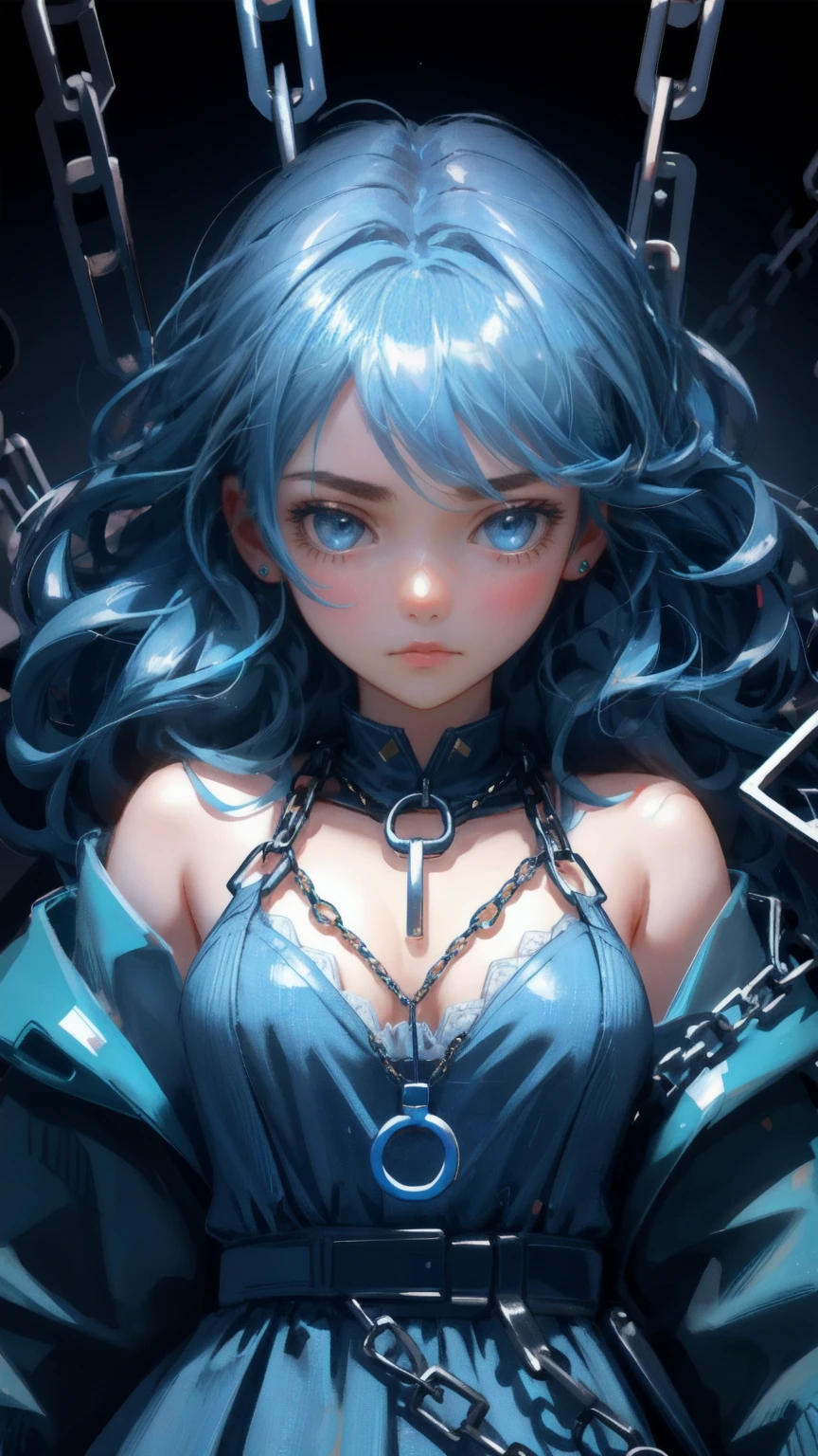 Create an image with a blue-themed background, featuring a cute girl in place of the exhausted man, lying on the ground with an exaggerated frown or pouting face to emphasize frustration. Chains and locks should be suspended above her, with various Bitcoin coins and symbols hanging from the chains and scattered around her. The scene should evoke a sense of being 'stuck in a transaction,' with the girl appearing overwhelmed by the weight of the chains and the abundance of cryptocurrency symbols. The overall atmosphere should be tense and surreal, while maintaining the original image's detailed and stylized appearance."