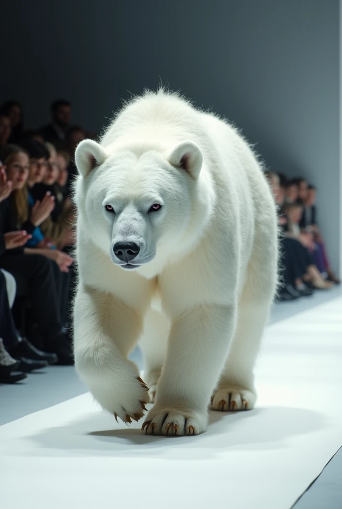 A beautiful white bear cloth catagory different different walking down the runaway at a fashion show,
