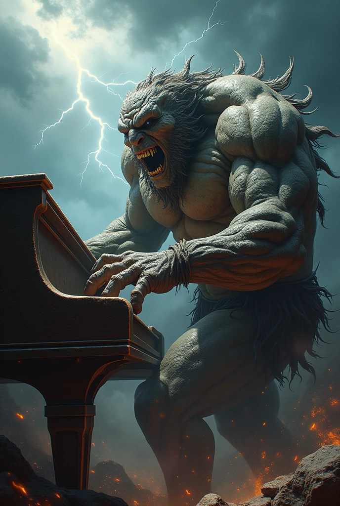 rock hulk by playing the piano with a thunder background and a very rock vibe.