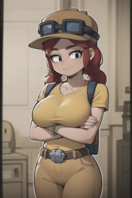 masterpiece, best quality, highres, jbrawl, black eyes, twintails, goggles on headwear, bracelet, yellow shirt, backpack, belt, pants, smile, closed mouth, dirty face, (crossed arms), (gigantic breasts)