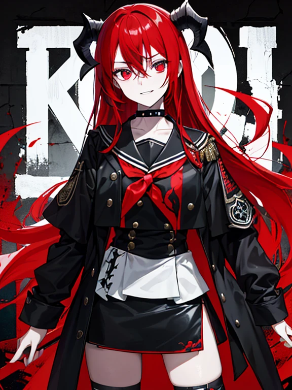 ((top-quality)), ((masterpiece)), ((ultra-detailliert)), (extremely delicate and beautiful),(((Dramatic)))、(((gritty)))、(((vehement)))Movie poster featuring a young woman as the main character。hair between eyes, long hair, one side up, red hair、Magazine Art、She wears stylish and edgy clothes、Stand confidently in the center of the poster。Dressed in costume、The background is dark and gritty.、Feeling danger and intensity。The color palette is predominantly bright、studded with saturated bright colors.、It gives the poster a dynamic and visually striking look。a miniskirt、Uniforms、Black Choker, black horns, evil smile