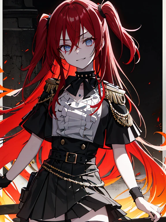 ((top-quality)), ((masterpiece)), ((ultra-detailliert)), (extremely delicate and beautiful),(((Dramatic)))、(((gritty)))、(((vehement)))Movie poster featuring a young woman as the main character。hair between eyes, long hair, one side up, red hair、Magazine Art、She wears stylish and edgy clothes、Stand confidently in the center of the poster。Dressed in costume、The background is dark and gritty.、Feeling danger and intensity。The color palette is predominantly bright、studded with saturated bright colors.、It gives the poster a dynamic and visually striking look。a miniskirt、Uniforms、Black Choker, black horns, evil smile
