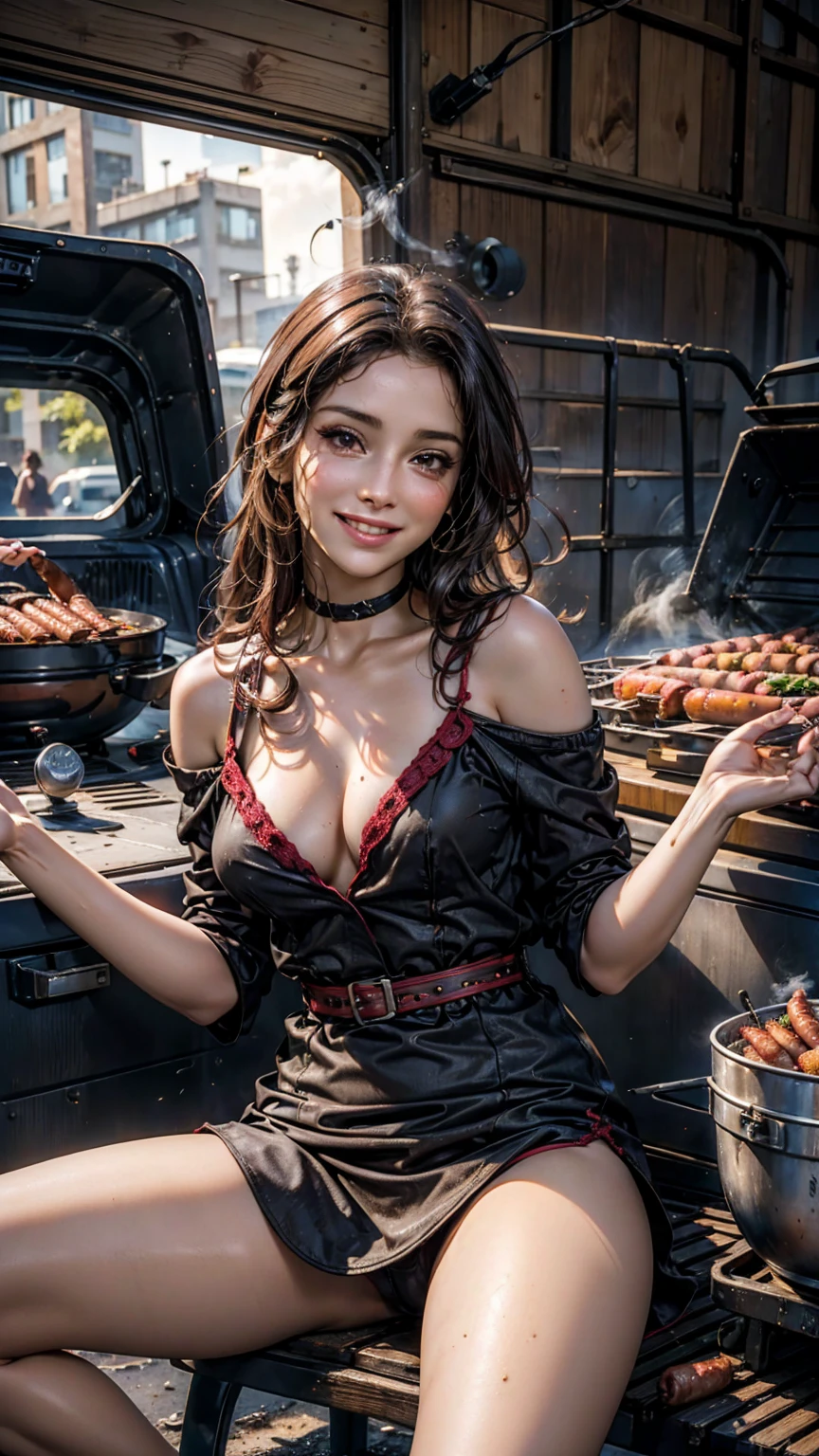 30 year old woman, Barbecue sausce on womans, e, off shoulder, outside, smoke from grill, sitting on grill, smoke,((sitting on hot grill, spreading legs wide open, m shaped legs,smoke from grill, small sausages between legs))((greasy skin, greasy oil on breast))(oily on breast ))((greason skin, smiling to camera))smoke from body,