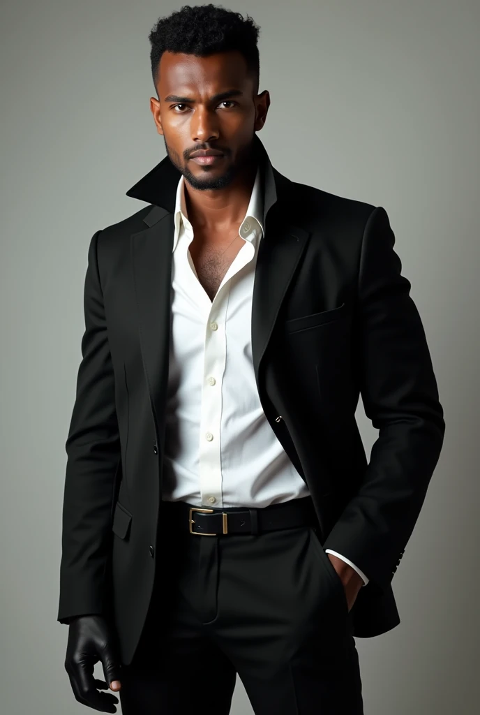 Dark-skinned Latin American Costa Rican person with a black jacket, black gloves, white shirt and black pants