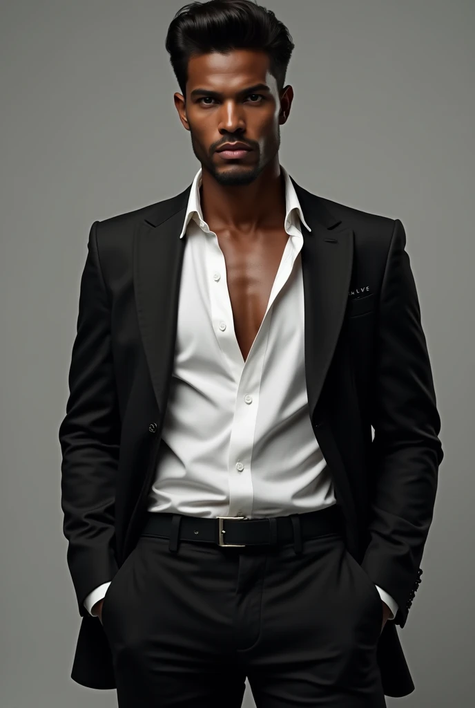 Dark-skinned Latin American Costa Rican person with a black jacket, black gloves, white shirt and black pants