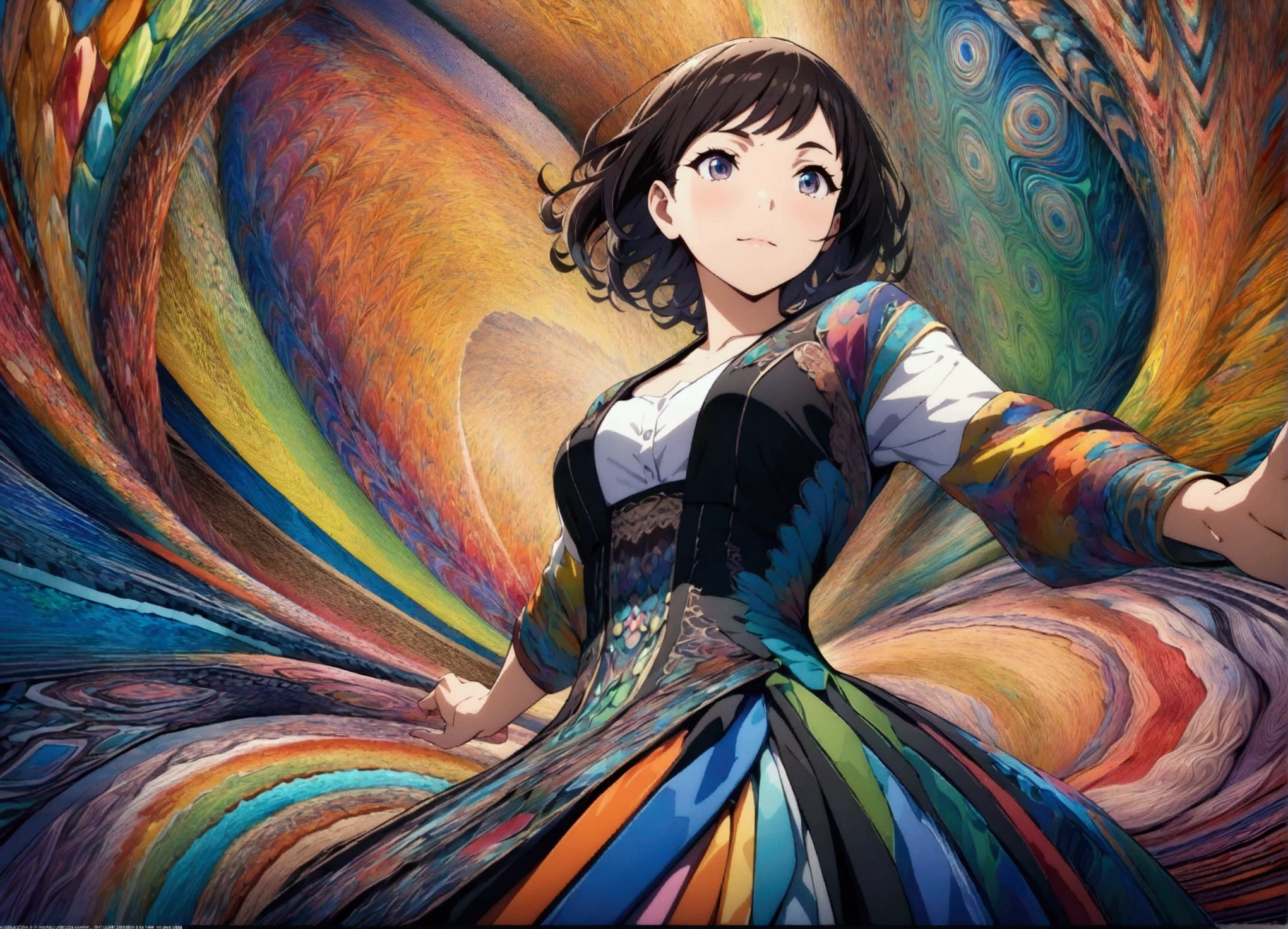(masterpiece, top quality, best quality, official art, beautiful and aesthetic:1.2), (1girl:1.3), extremely detailed,(fractal art:1.2),colorful,highest detailed,(zentangle:1.2), (dynamic pose), (abstract background:1.5), (treditional dress:1.2), (shiny skin), (many colors:1.4), upper body, peeing, pee, pee puddle