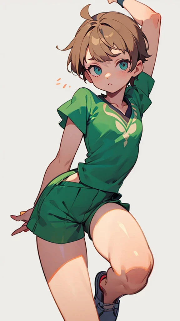 masterpiece, 1girl, muscle girl, chiseled muscles, tanned skin, green mini skirt, black stockings, green eyes, medium breasts, top, shorts, square, park, she has short green hair, green eyes, arrogant , tomboy