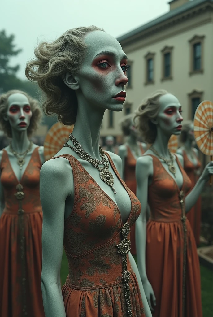 Best image quality, masterpiece, strange looking female creatures, very long necks, wearing fancy antique clothes, very heavy makeup, wearing fancy jewelry, having voluminous hair, holding fans, waving fans, rough skin, deep wrinkles, detailed skin texture, gray skin (palm-colored skin), tall and plump women, detailed image texture, grotesque, horror, eerie atmosphere (not AI image), cloudy weather, classic building outdoor garden party background