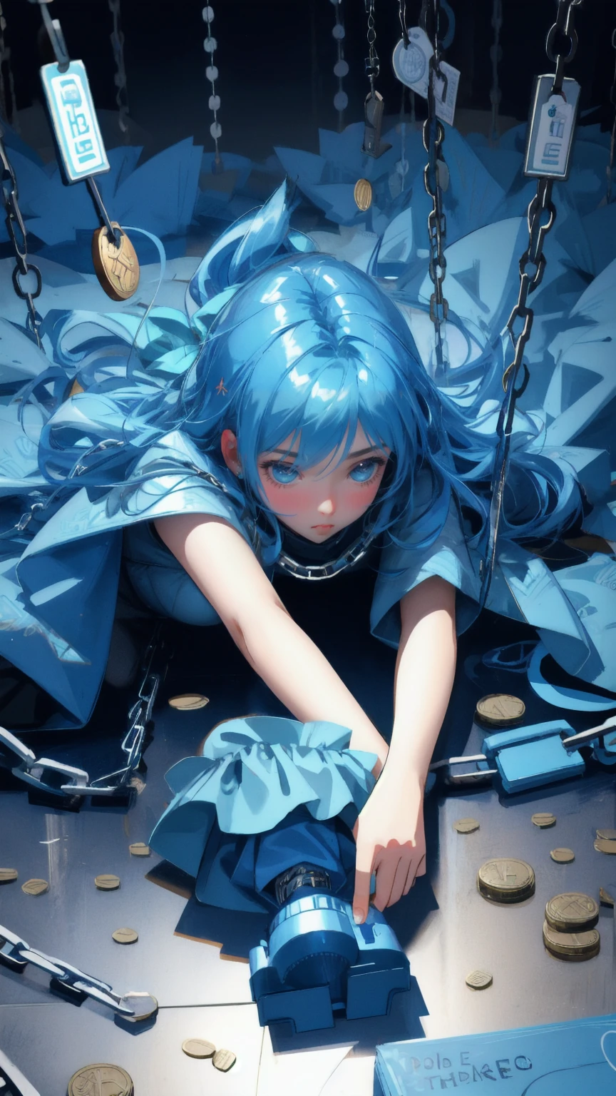 Design an image with a blue-themed background, featuring a cute girl replacing the weary man, lying on the ground with a pouting face to express her frustration. Chains, padlocks, and various Bitcoin coins should be dangling above her, symbolizing the constraints and pressures she faces. Scattered around her are more coins and digital symbols, enhancing the feeling of being 'stuck in a transaction.' The scene should capture the heavy and overwhelming atmosphere, while retaining the original's intricate and stylized comic art style