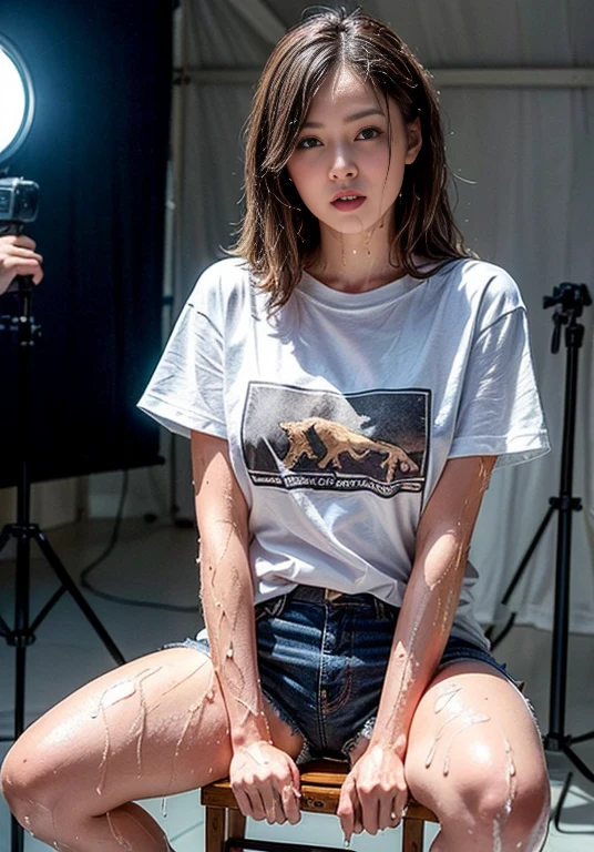 A boldly composed photograph of a Japanese woman that looks like it was taken by a famous artistic photographer, (((Blockbuster art photography)), (8k, Highest quality). A stunning composition using a model with excellent proportions. Perfect beauty model with a confident and balanced appearance, ((Highest quality質)), ((masterpiece)), (Familiar:1.4), ((Highest quality質のリアルな写真)), ((Shot with Hasselblad)), ((Best photo quality)), Beautiful womanの画像,Super Resolution,Slim and perfectly proportioned, Beautiful woman, ((Highest quality質, 8k, masterpiece: 1.3)), Beautiful woman, 1 female, Slim figure: 1.1, Perfect beauty, 20-year-old, (Realistic: 1.4), Ahegao, Shining Sweat, thin, Art photo composition with space around the woman, See through, (((Filming in a spacious studio))), (((The background is only gray and there is nothing.))), Full body photo, Anatomically correct hand, Anatomically correct legs, anatomically correct whole body, Marble room,　White t-shirt and shorts. Cowboy Shot, (((Holding your crotch with your hand))). Spread your legs, drinking beer, Nipples are protruding,, (((Your T-shirt is wet with beer))), (((Being drunk))), (((Drooling))), 