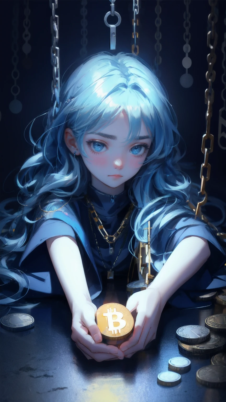 Generate an image with a blue-themed background, where a cute girl takes the place of the exhausted man, lying on the ground with an exaggerated frown to highlight her frustration. Chains with locks and Bitcoin symbols should be hanging ominously above her, while more coins scatter around her body, symbolizing the burden of a 'stuck transaction.' The image should convey a sense of being trapped and overwhelmed, maintaining the same surreal and detailed style as the original artwork.
