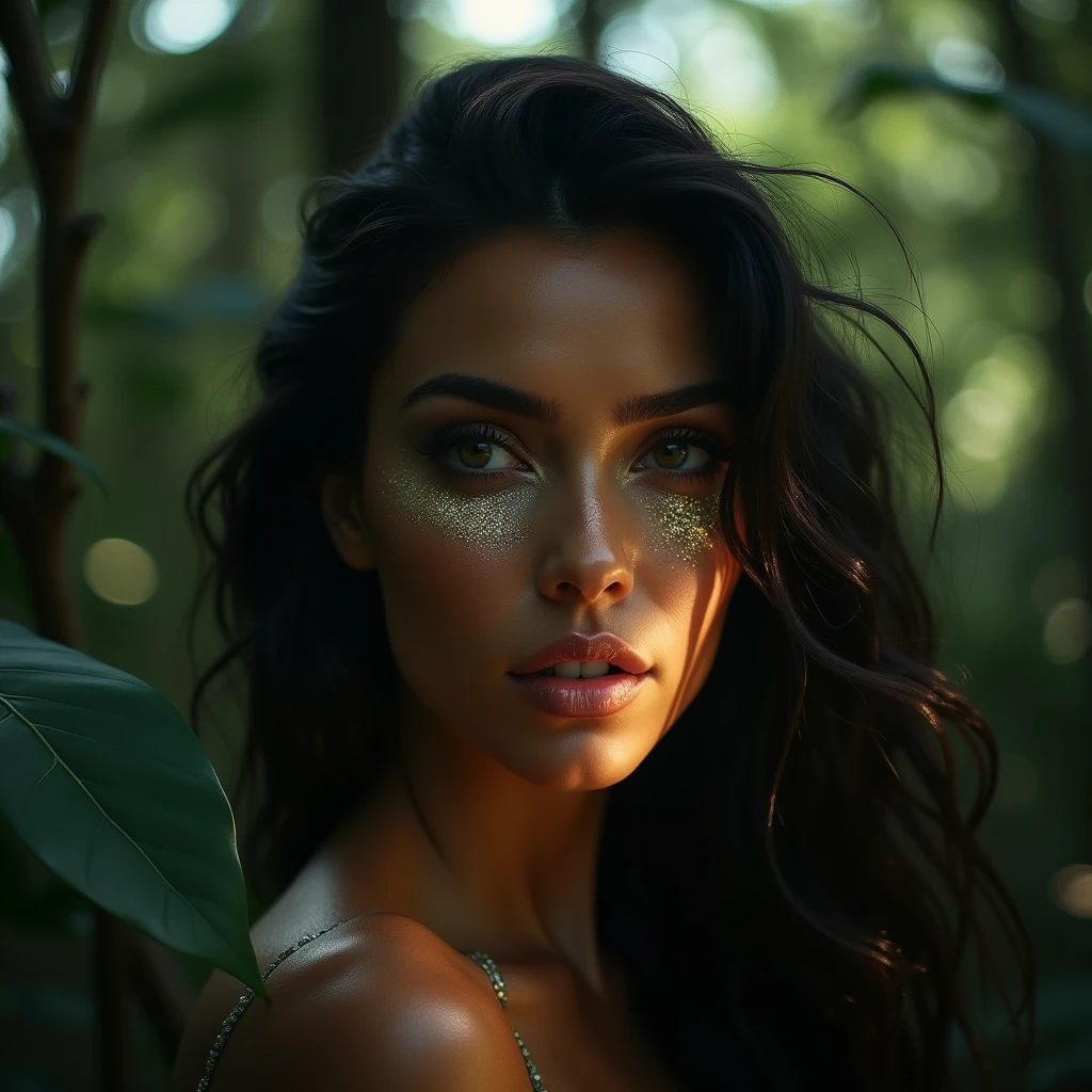An image focuses on light and shadow on a woman's face in a forest , leaves around, partial glittering rays of light, unique features of the woman, woman has a unique face, kim kardashian face, sun rays, camera flare, wind, floating hair, glittering makeup