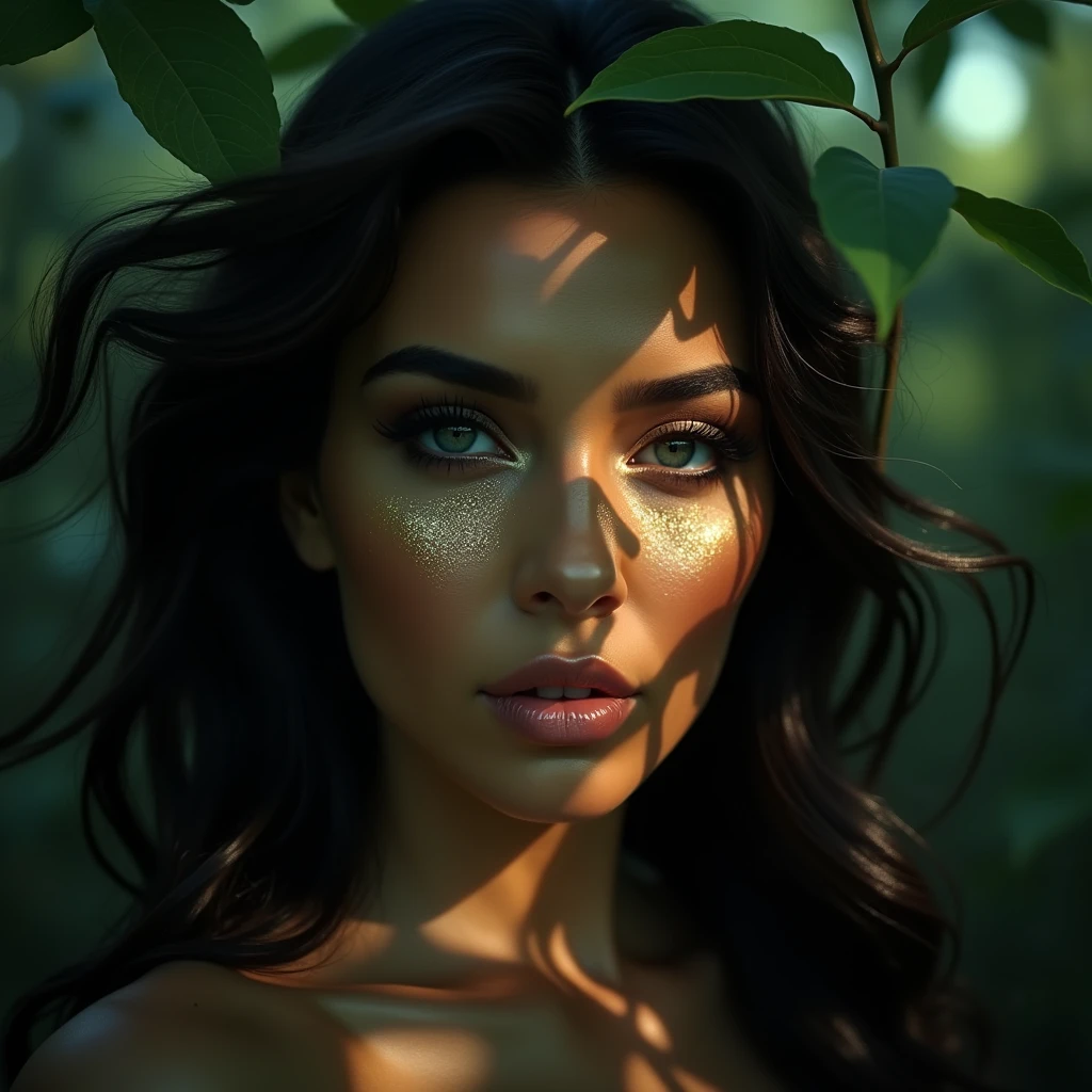 An image focuses on light and shadow on a woman's face in a forest , leaves around, partial glittering rays of light, unique features of the woman, woman has a unique face, kim kardashian face, sun rays, camera flare, wind, floating hair, glittering makeup