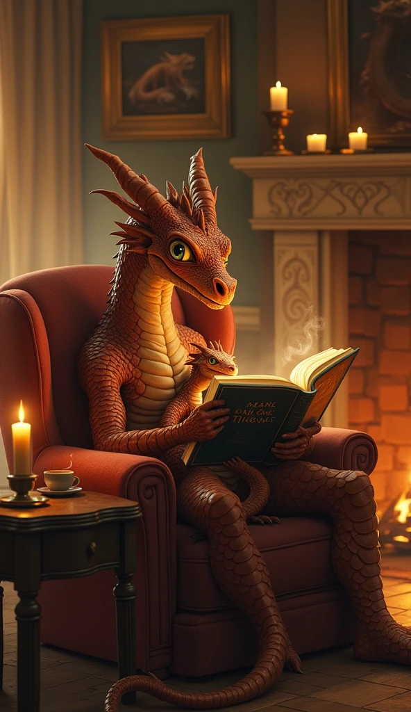 "A cozy scene unfolds in a warmly lit room filled with the soft glow of candles and a crackling fire in the hearth. A large, wise dragon, with scales shimmering in the golden light, sits comfortably in a plush armchair, engrossed in a book titled *Game of Thrones*. Beside the dragon, a smaller, younger dragon nestles closely, listening intently as if the story were being read aloud. The walls are adorned with framed images of other dragons, adding to the sense of history and wisdom in the room. A steaming cup of tea rests on a side table, completing this peaceful moment shared between a parent and child in a world where dragons read and learn just like humans."