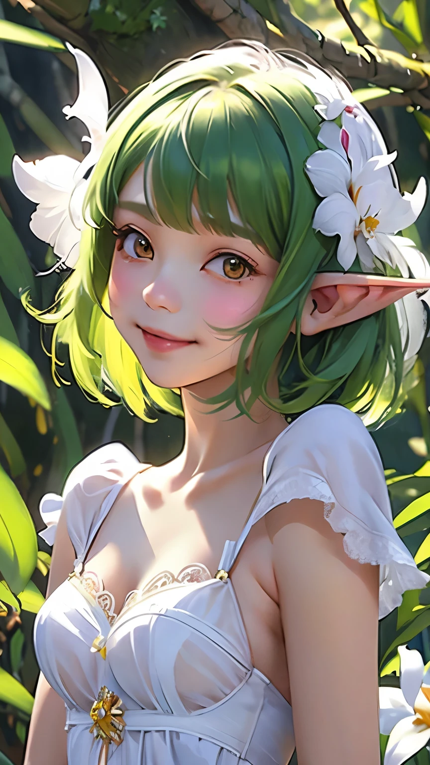 ((Cattleya、Three White Flowers、Upper Body、))、(Adult Elf Female Leaning Against a Tree、Bobcut、Green Hair、A kind smile、Blushing cheeks、Small breasts)、Lace dress、Soft Focus、Blur the background、(Highest quality、High resolution、masterpiece)、4K、Real、
