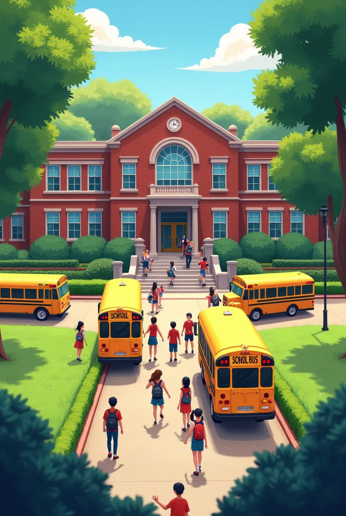 I want to draw a school with students being bused there