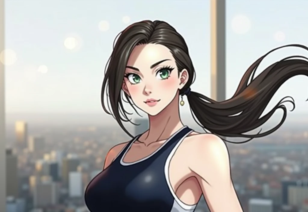 a beautiful 18 year old anglo-saxon girl, full body photo, sweat glistening on skin, standing by window in high rise bedroom, wearing wet tight sports bra, energetic expression, sharp jawline, (best quality,4k,8k,highres,masterpiece:1.2),ultra-detailed,(realistic,photorealistic,photo-realistic:1.37),HDR,UHD,studio lighting,ultra-fine painting,sharp focus,physically-based rendering,extreme detail description,professional,vivid colors,bokeh,portraiture